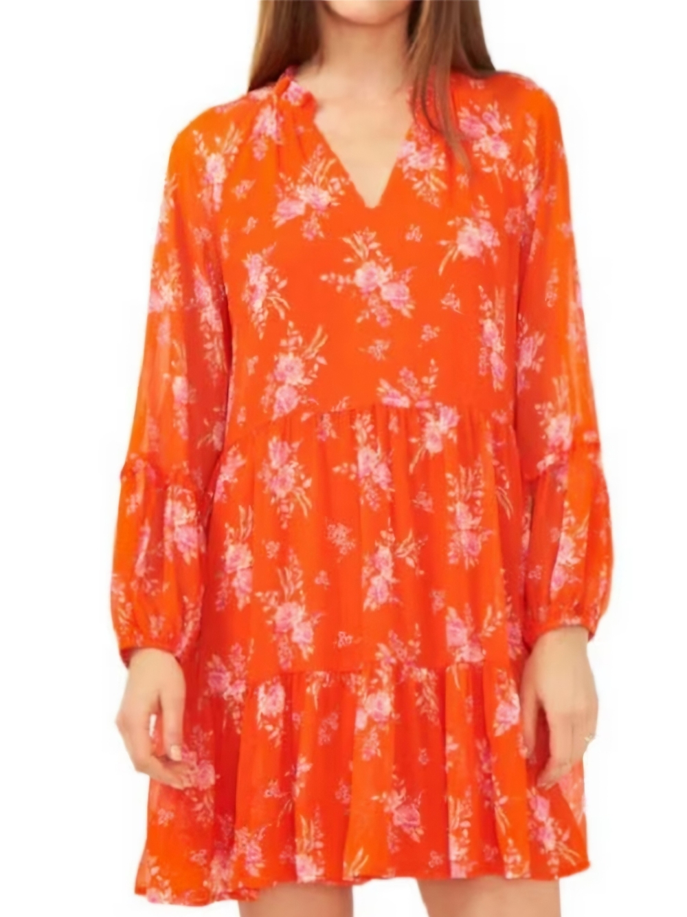 Vince Camuto Orange Floral V-Neck Tiered Midi Dress